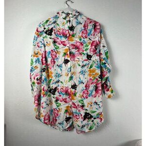 Cotton Fields Womens Floral Print Button Down Shirt Small Multicolor 3/4 Sleeve